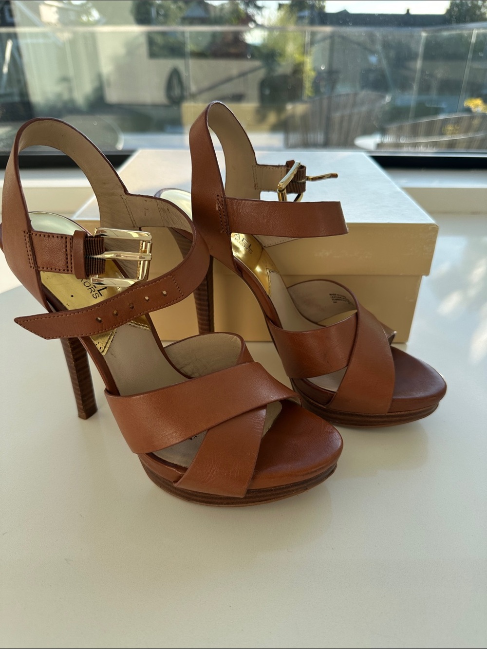 Michael Kors Brown Leather Platform Heels with Gold Buckles